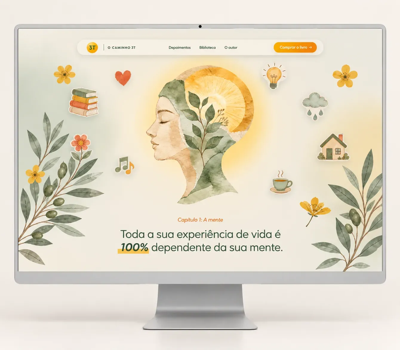 iMac mostrando o site O Caminho 3T: ilustração em aquarela de um rosto entre folhas e a frase “Toda a sua experiência de vida é 100% dependente da sua mente”