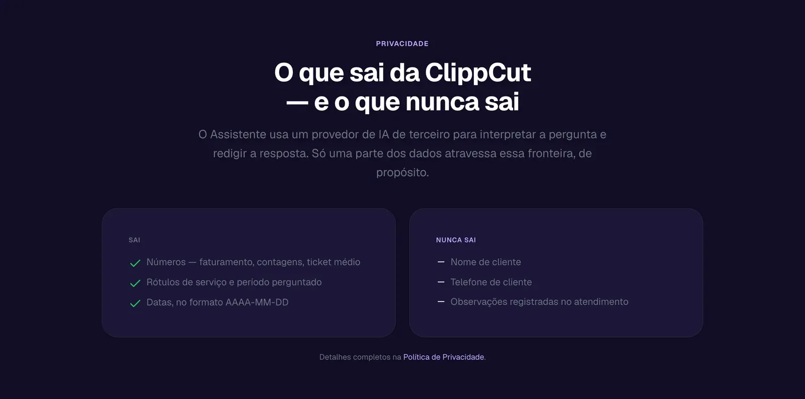 Seção de privacidade do Assistente de IA, em fundo escuro, com o que sai do ClippCut e o que nunca sai