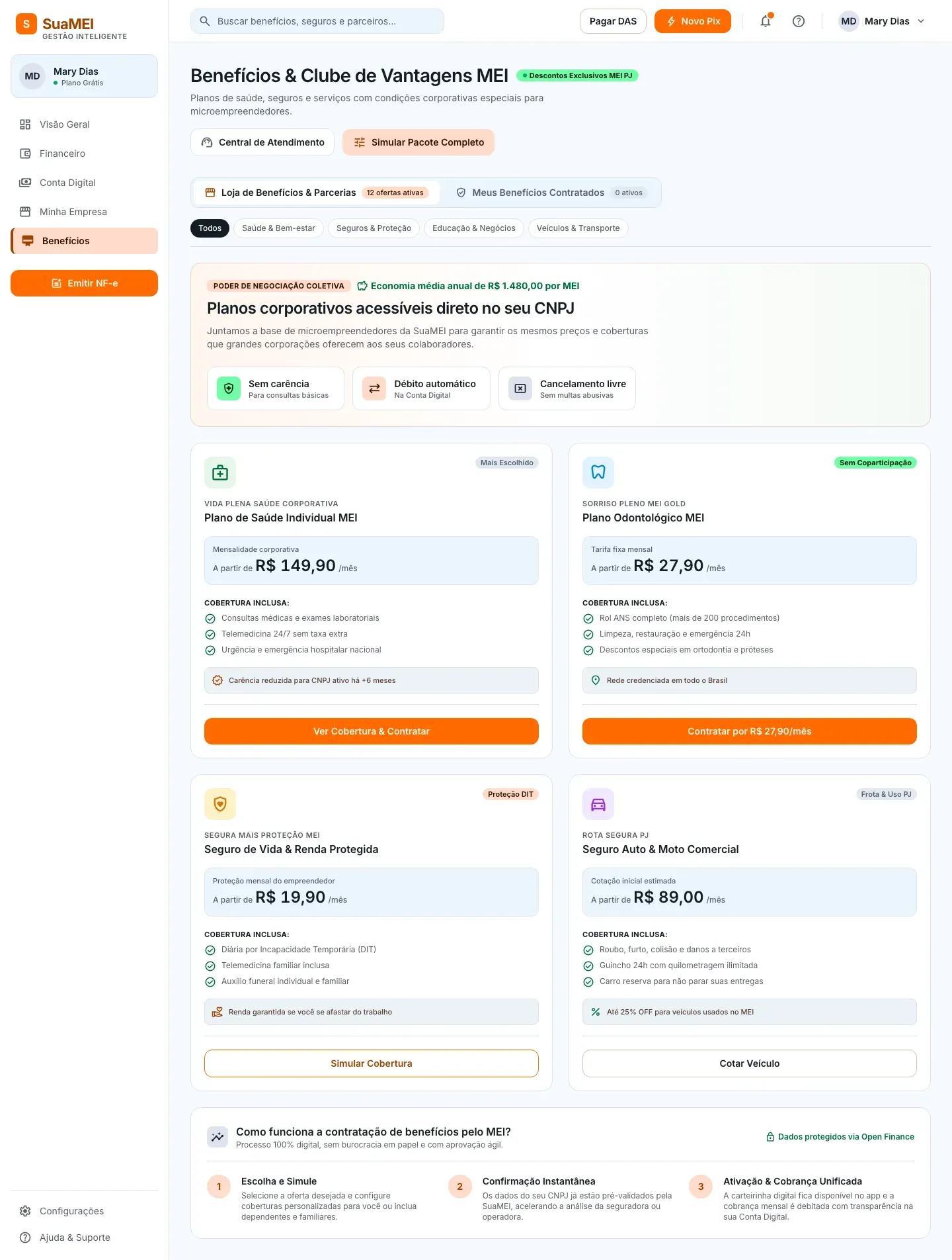 Tela Benefícios da SuaMEI com o catálogo de plano de saúde, plano odontológico, seguro de vida e seguro de veículo, cada um com preço e cobertura