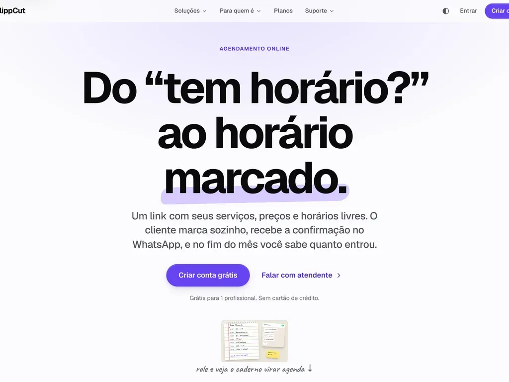 Página inicial do site do ClippCut: “Do ‘tem horário?’ ao horário marcado.”