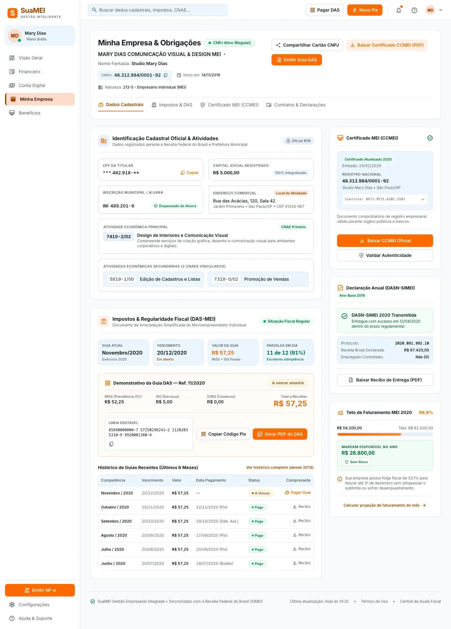 Tela Minha Empresa da SuaMEI com dados cadastrais oficiais, certificado MEI, demonstrativo da guia do DAS e histórico de guias