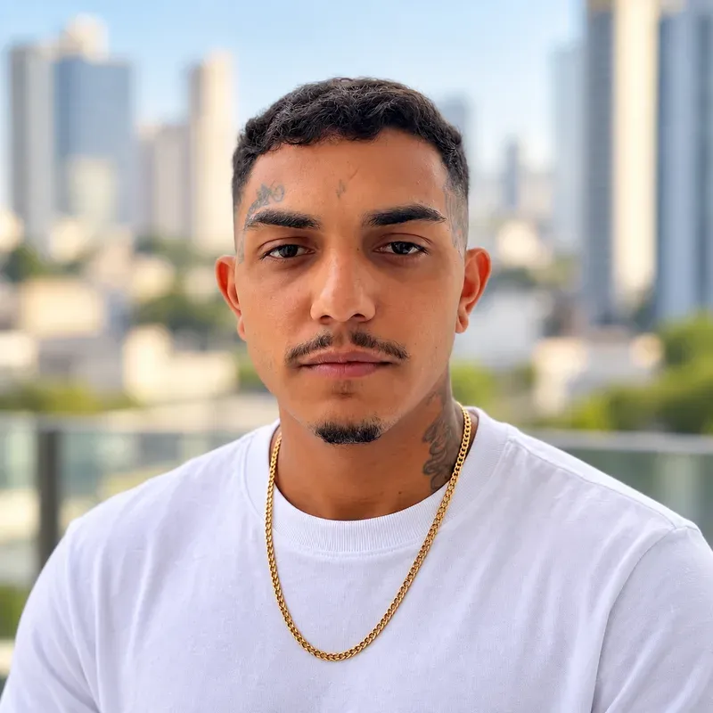 Portrait of Erick Nobre in a white T-shirt, with blurred buildings in the background