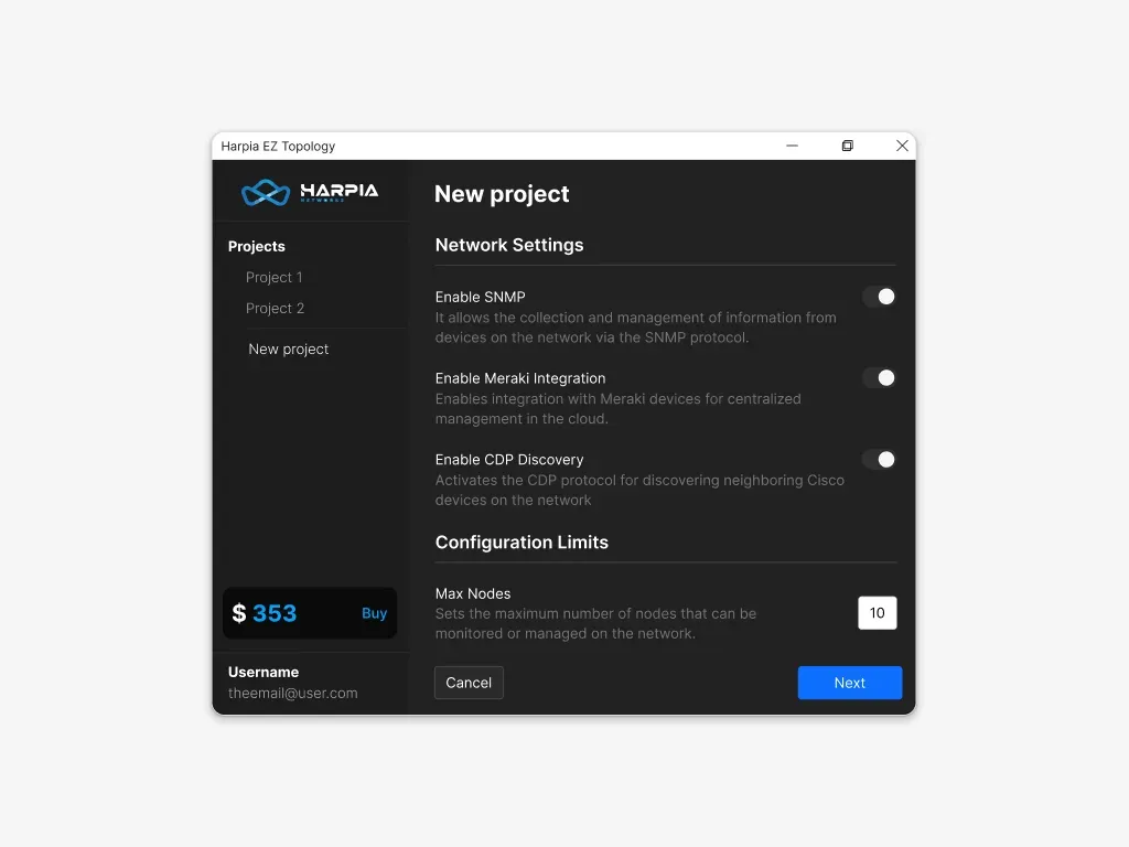 EZ Topology new project screen in dark mode, with the SNMP, Meraki and CDP options