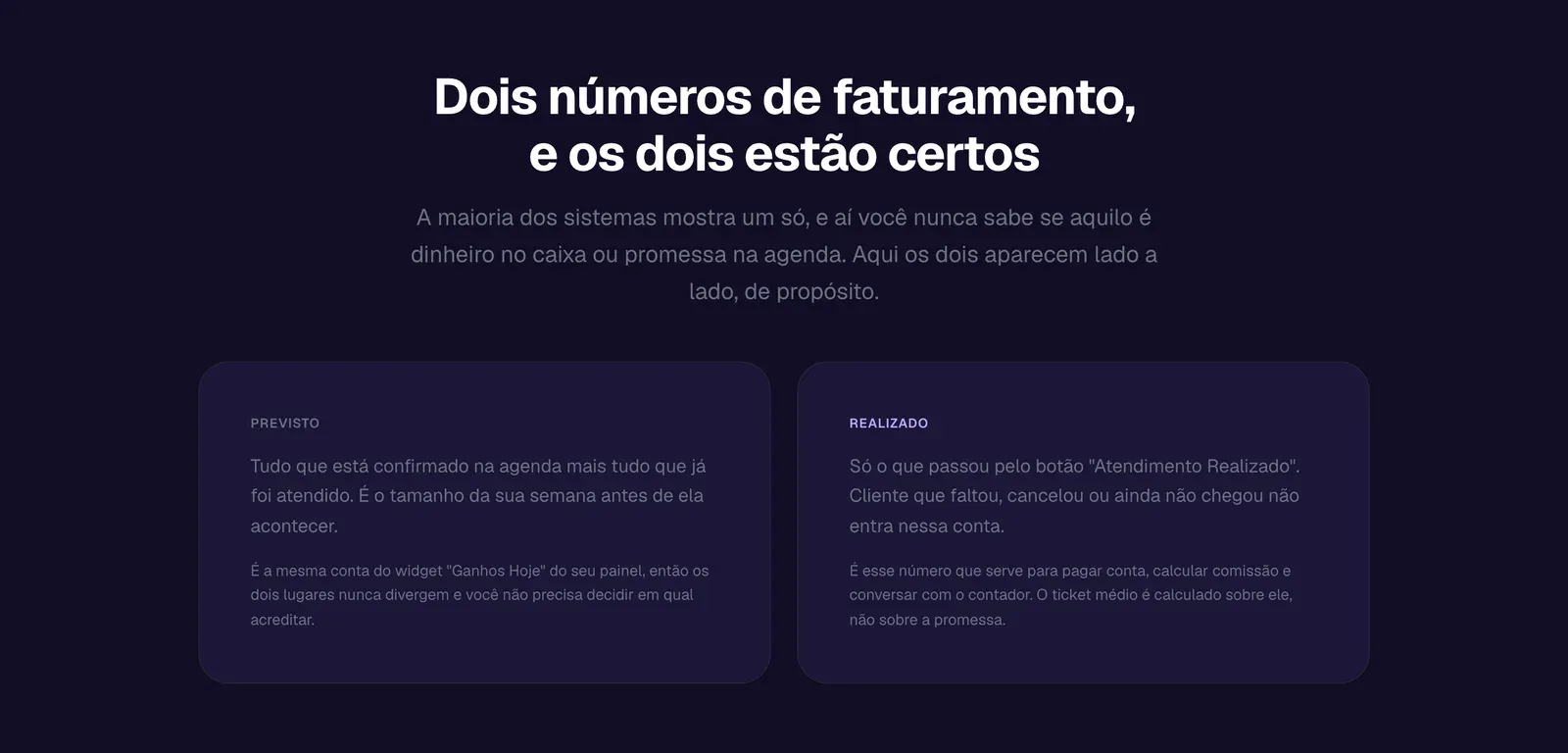 Seção “Dois números de faturamento, e os dois estão certos”, comparando o faturamento previsto e o realizado