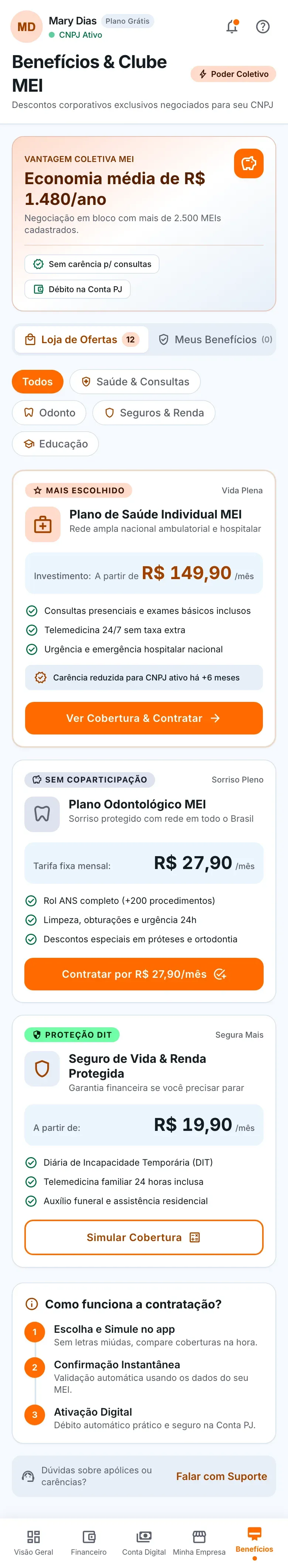 Benefícios da SuaMEI no celular com a faixa de vantagem coletiva e os cartões de plano de saúde, odontológico e seguro de vida