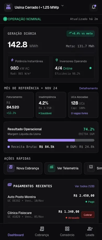 Dashboard da CYTEI no celular com a geração diária em destaque, indicadores do mês e pagamentos recentes