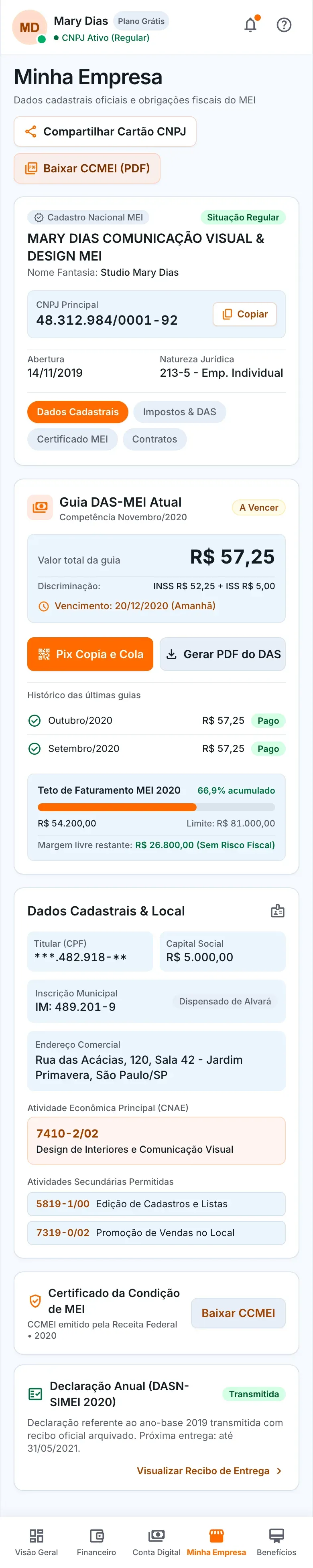 Minha Empresa da SuaMEI no celular com a identificação do CNPJ, a guia do DAS atual, o teto de faturamento e os dados cadastrais