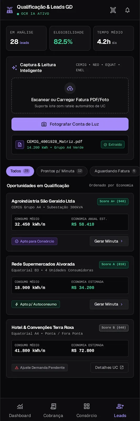 Qualificação de leads da CYTEI no celular com o botão para fotografar a conta de luz e cards de oportunidades com score