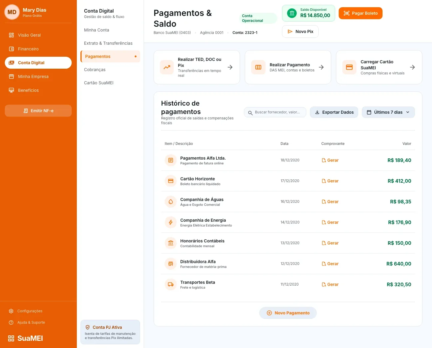 Tela de pagamentos da conta digital da SuaMEI com ações rápidas e o histórico de pagamentos com data, comprovante e valor