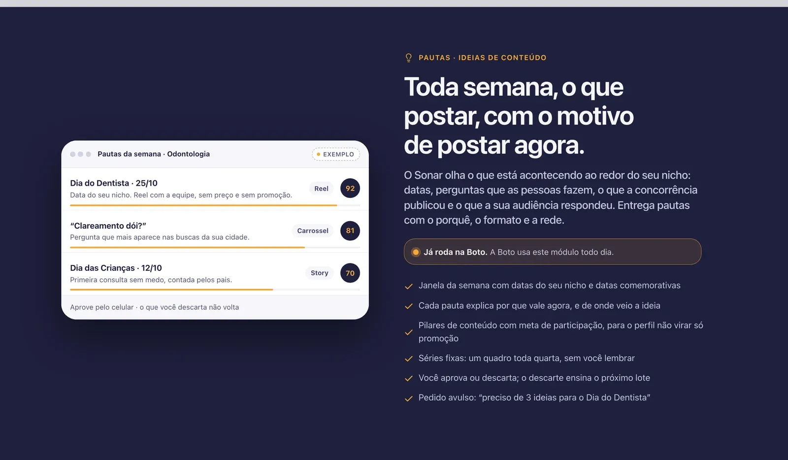 Seção de Pautas em fundo escuro com a janela de exemplo das pautas da semana de um consultório odontológico