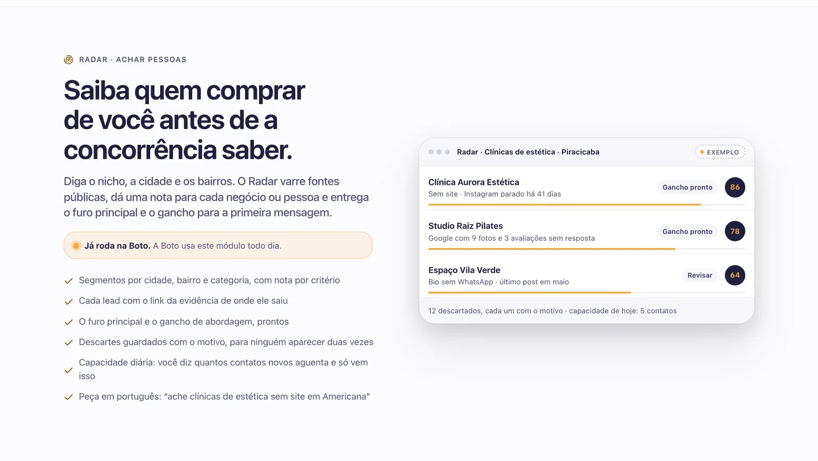 Seção do Radar com uma janela de exemplo: três clínicas de estética de Piracicaba com nota, o motivo e a etiqueta Gancho pronto