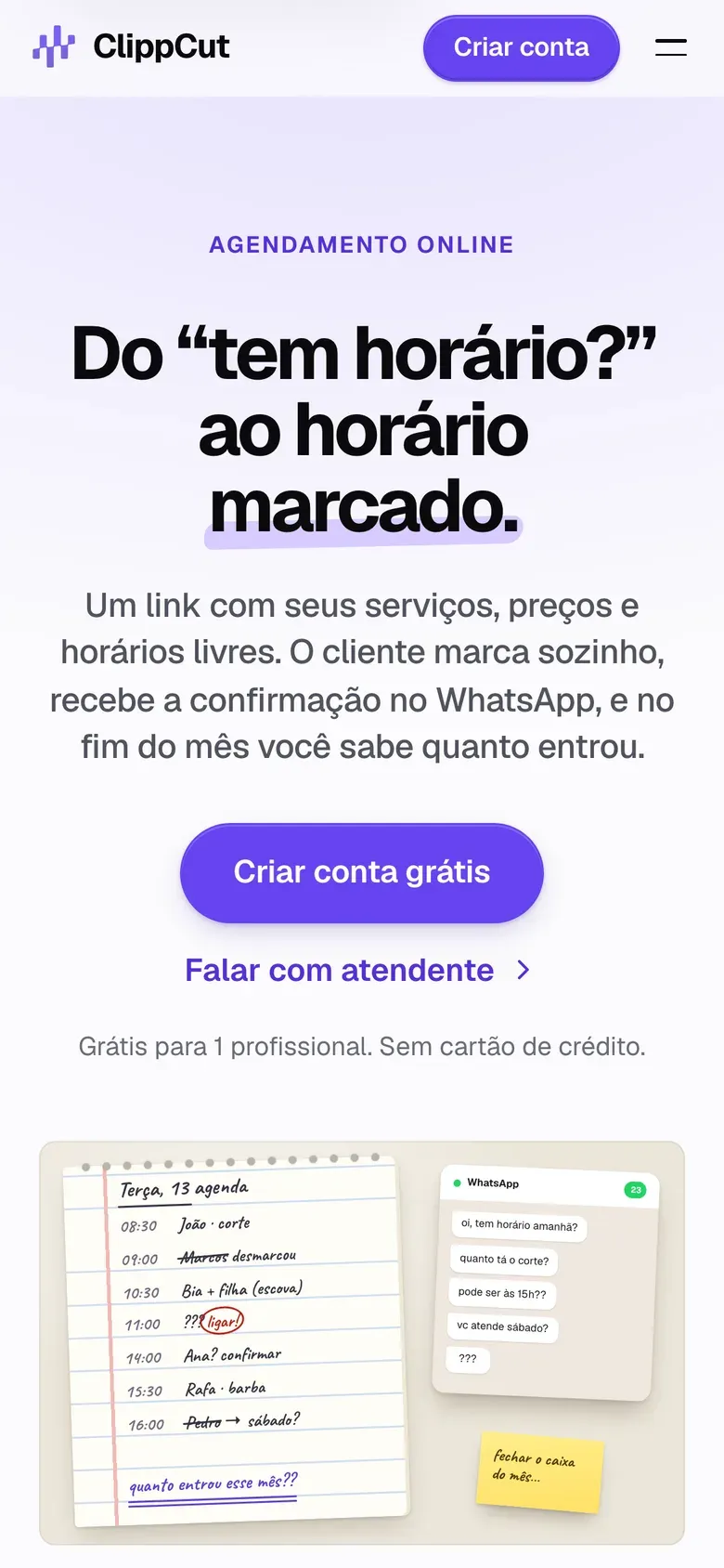 Página inicial do site do ClippCut no celular