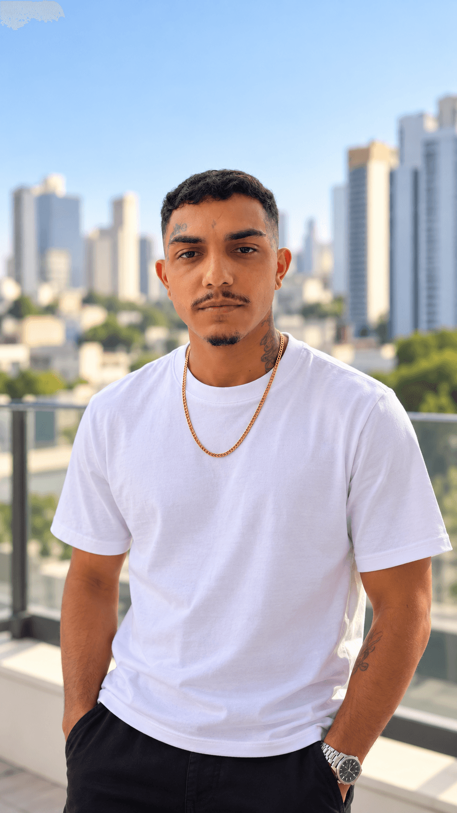 Erick de corrente dourada, em um cenário urbano