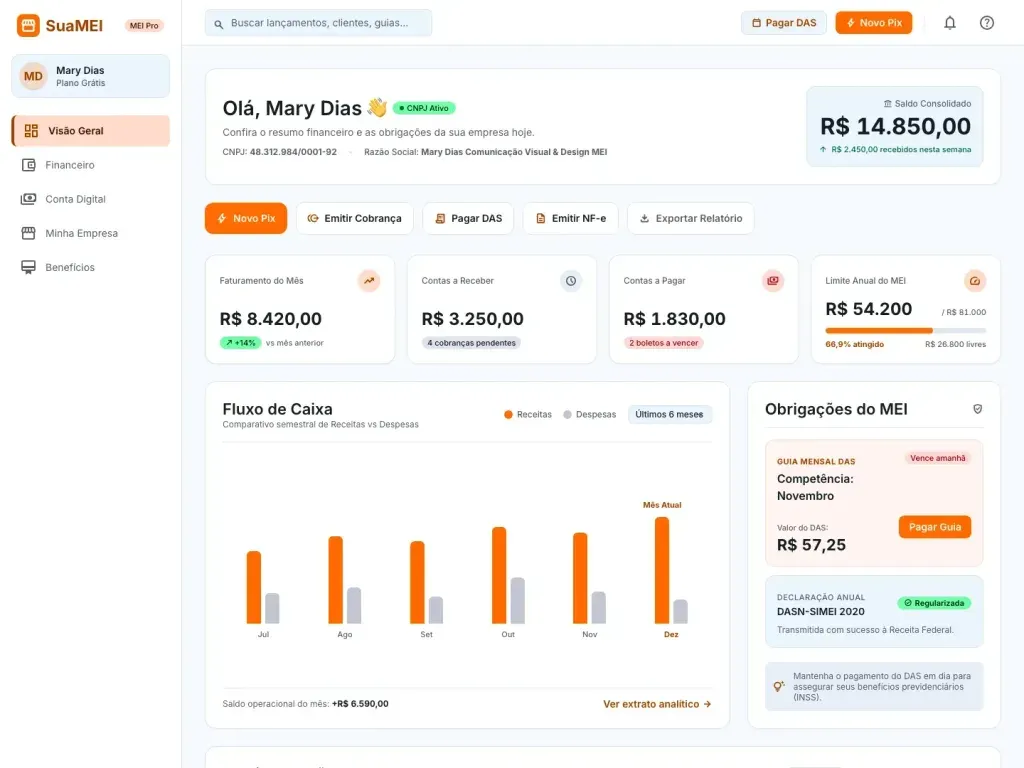 Visão geral da SuaMEI no desktop, com cobranças, faturamento e o gráfico de finanças do microempreendedor